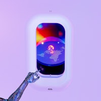 a hand is pointing at a window in an airplane